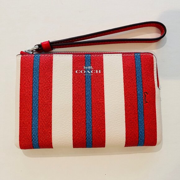 Coach Corner Zip Wristlet W/Stripe Print, red,coated canvas and recycled leather - Picture 7 of 9